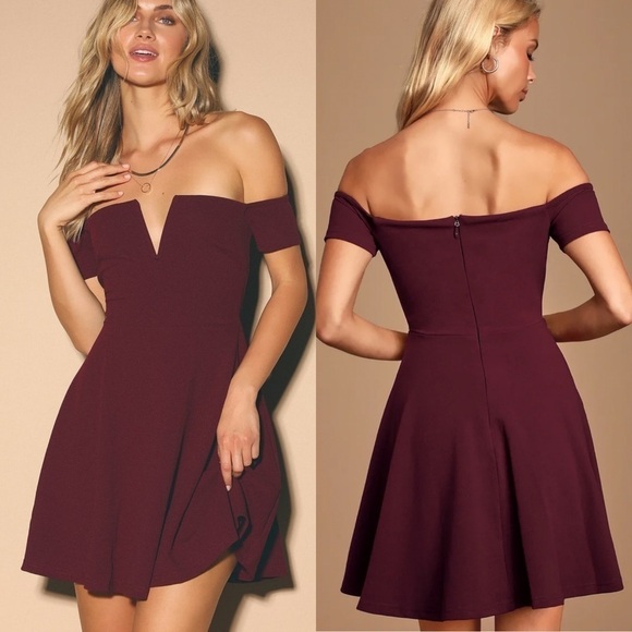 Lulus‎ Play the Party Off-the-Shoulder Skater Dress in Burgundy Size Small - Picture 1 of 12